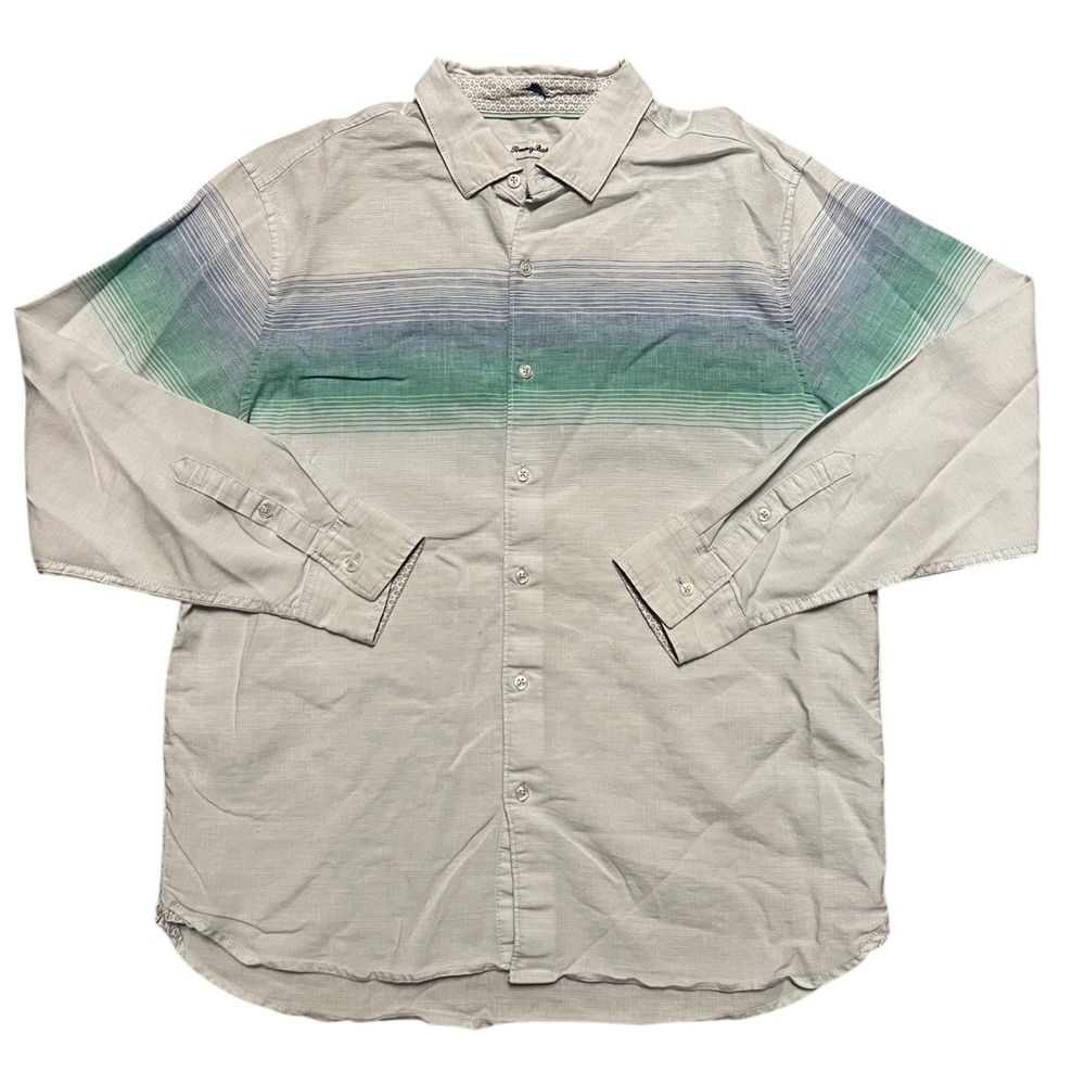 Tommy Bahama Linen Shirt Mens L Large White Striped Long Sleeve Button Up Beach
